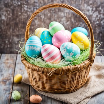 happy easter Easter painted eggs in a basket for holiday decoration copy space
