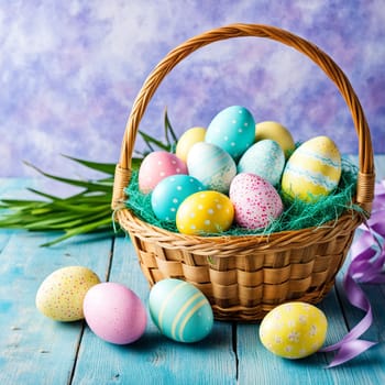 happy easter Easter painted eggs in a basket for holiday decoration copy space