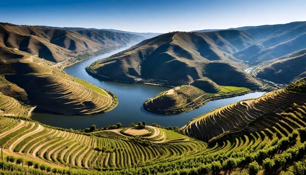 AI generated of a river with vineyard in the background and a river in the middle