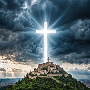 Holy cross symbolizing the death and resurrection of Jesus Christ with the sky over Golgotha Hill is shrouded in light and clouds. Apocalypse concept.