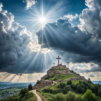 Holy cross symbolizing the death and resurrection of Jesus Christ with the sky over Golgotha Hill is shrouded in light and clouds. Apocalypse concept.
