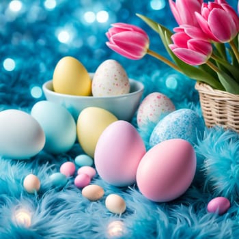 Easter background with eggs, tulips flowers and copy space for text. Soft, pastel colors decoration Perfect for holiday-themed designs, greeting cards, postcard and painted colorful Easter eggs Banner
