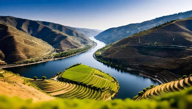 AI generated of a river with vineyard in the background and a river in the middle