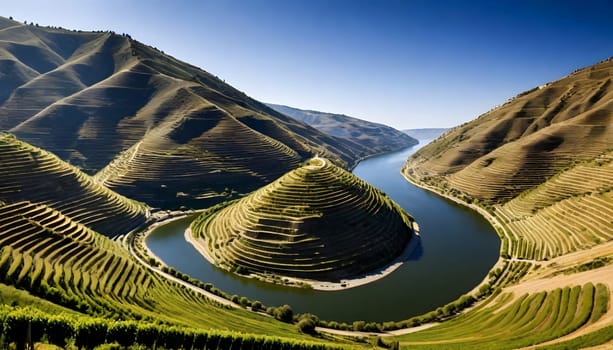 AI generated of a river with vineyard in the background and a river in the middle