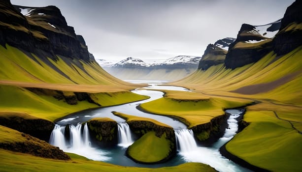 AI generated of a waterfall with a green grass and a mountain in the background