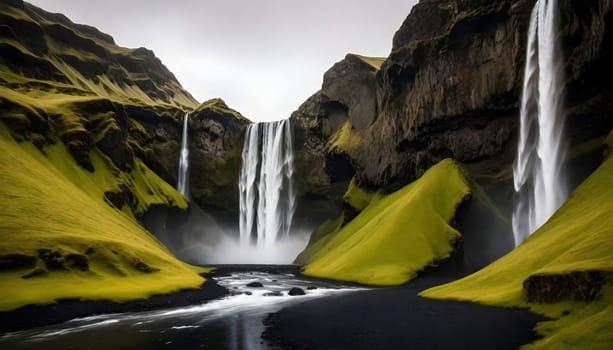 AI generated of a waterfall with a green grass and a mountain in the background