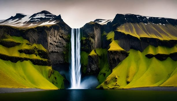 AI generated of a waterfall with a green grass and a mountain in the background