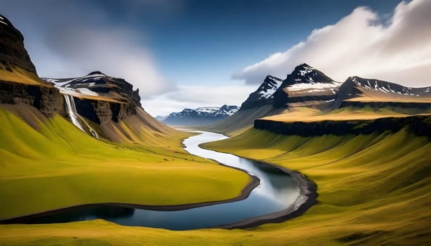 AI generated of a waterfall with a green grass and a mountain in the background