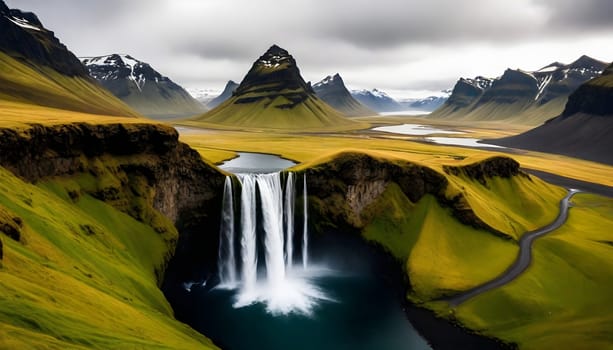 AI generated of a waterfall with a green grass and a mountain in the background