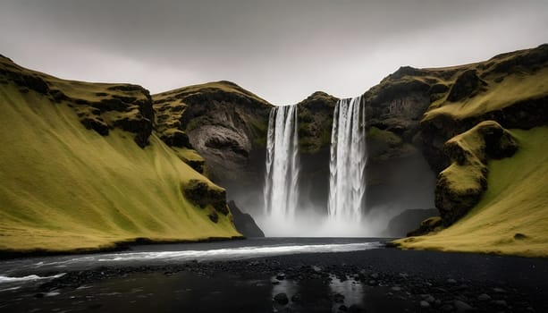 AI generated of a waterfall with a green grass and a mountain in the background