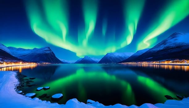AI generated of a green aurora over a mountain lake