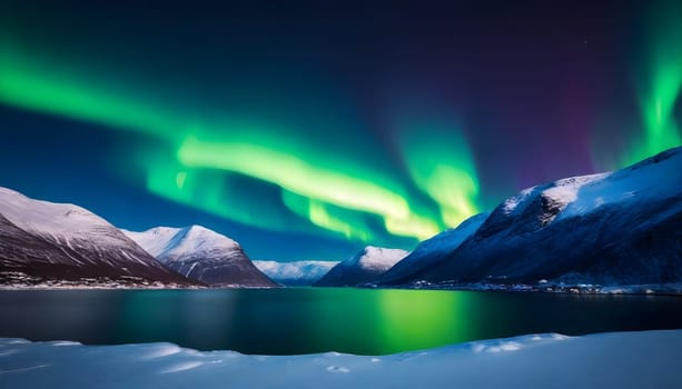 AI generated of a green aurora over a mountain lake