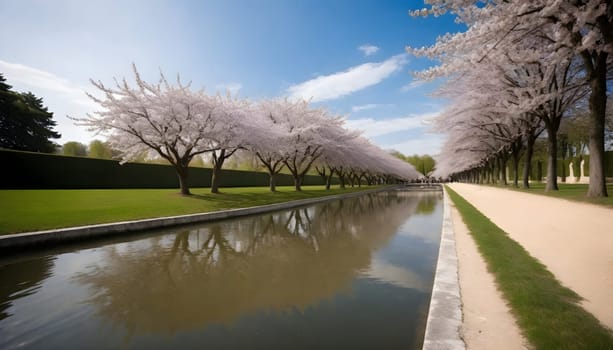 AI generated of a row of cherry trees with the sky in the background