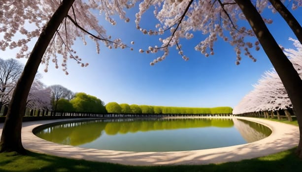 AI generated of a row of cherry trees with the sky in the background