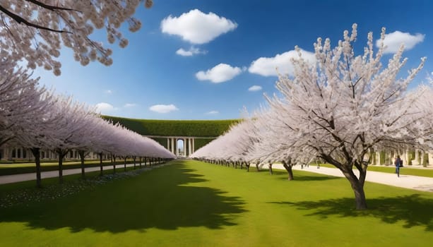 AI generated of a row of cherry trees with the sky in the background
