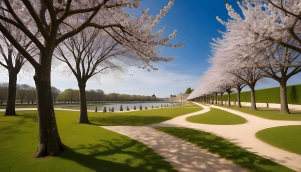 AI generated of a row of cherry trees with the sky in the background