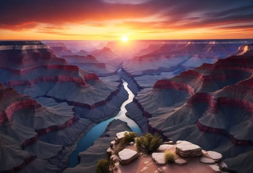 AI generated of a beautiful sunset over a canyon with a tree in the foreground