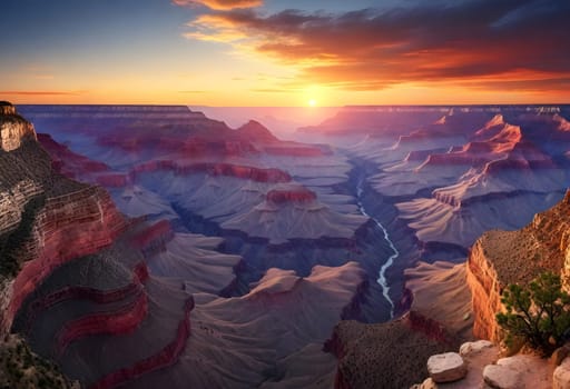 AI generated of a beautiful sunset over a canyon with a tree in the foreground