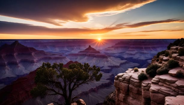 AI generated of a beautiful sunset over a canyon with a tree in the foreground