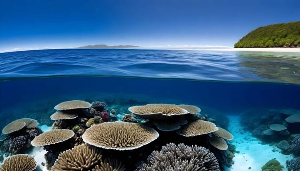 AI generated of a coral reef with a mountain on the blue sky