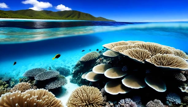 AI generated of a coral reef with a mountain on the blue sky