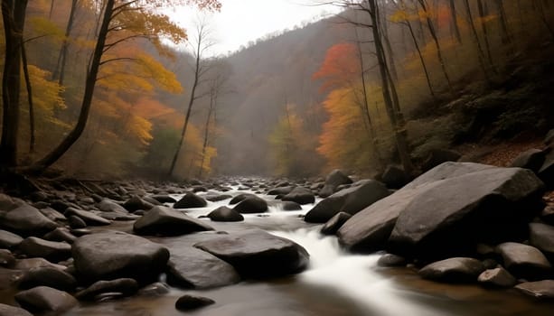 AI generated of a river runs through a valley with mountains in the background