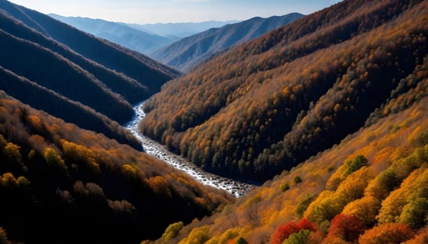 AI generated of a river runs through a valley with mountains in the background