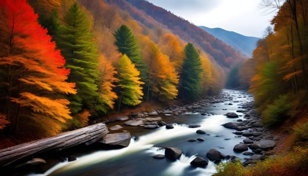 AI generated of a river runs through a valley with mountains in the background