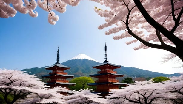 AI generated of a pagoda is reflected in a pond with a mountain in the background