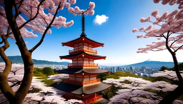 AI generated of a pagoda is reflected in a pond with a mountain in the background