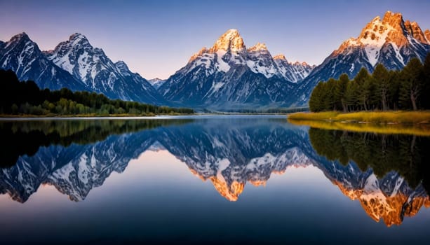 AI generated of mountain range are the most beautiful mountain in the world with reflections on the lake