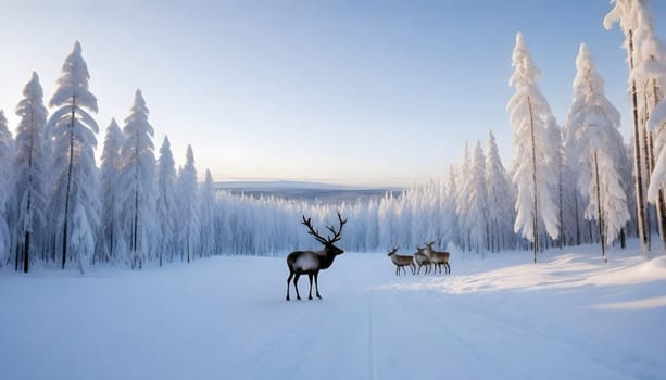 AI generated of lapland finland in winter season with deers on it at sunset