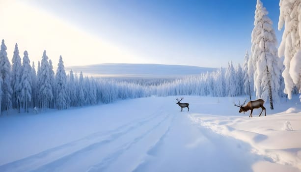 AI generated of lapland finland in winter season with deers on it at sunset