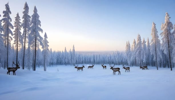 AI generated of lapland finland in winter season with deers on it at sunset