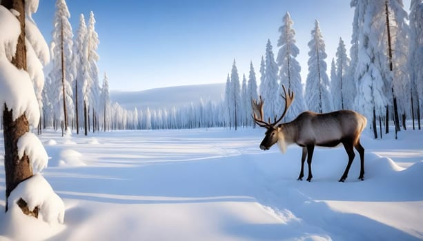 AI generated of lapland finland in winter season with deers on it at sunset