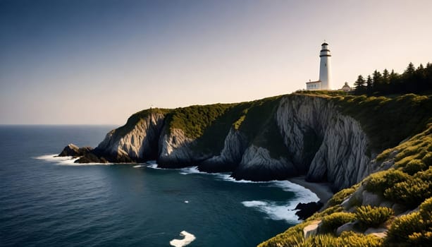 AI generated of a lighthouse on a cliff overlooking the ocean and the ocean