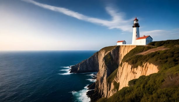 AI generated of a lighthouse on a cliff overlooking the ocean and the ocean