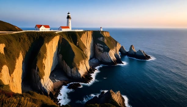 AI generated of a lighthouse on a cliff overlooking the ocean and the ocean