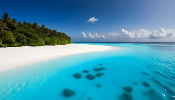 AI generated of a beach with a clear blue water and some rocks in the water