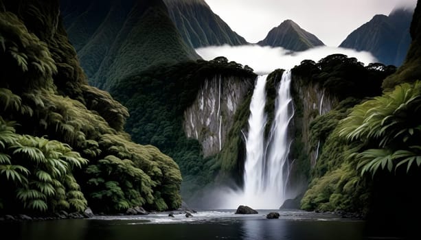 AI generated of a waterfall and lake is in the background with a mountain in the background
