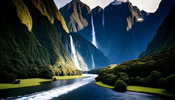 AI generated of a waterfall and lake is in the background with a mountain in the background