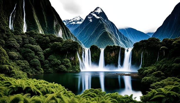 AI generated of a waterfall and lake is in the background with a mountain in the background
