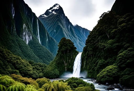 AI generated of a waterfall and lake is in the background with a mountain in the background