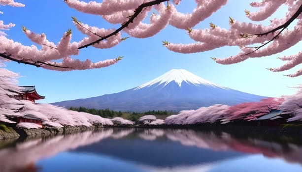 AI generated of a mountain is reflected in a lake with cherry blossom blooming arround it