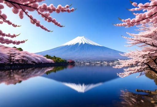 AI generated of a mountain is reflected in a lake with cherry blossom blooming arround it