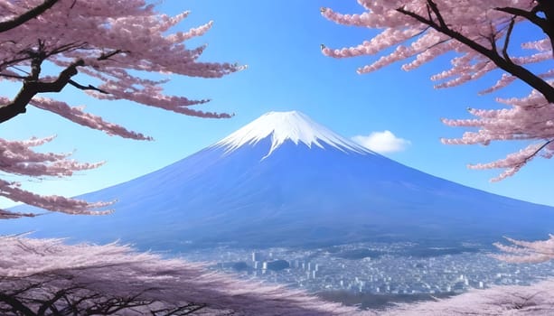 AI generated of a mountain is reflected in a lake with cherry blossom blooming arround it
