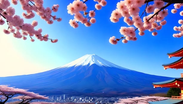 AI generated of a mountain is reflected in a lake with cherry blossom blooming arround it