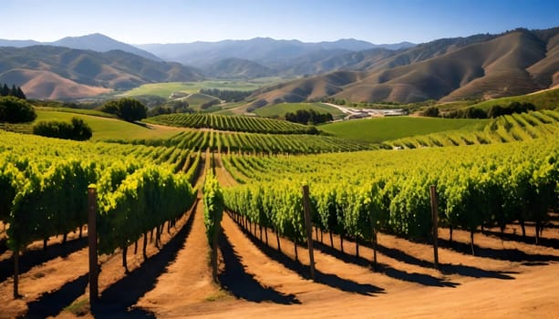 AI generated of a vineyard with valley and a house in the distance on sunset sky