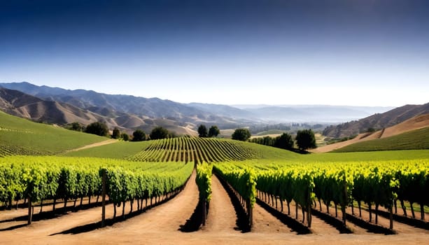 AI generated of a vineyard with valley and a house in the distance on sunset sky