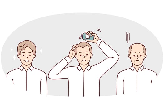 Man using hair growth gel rejoices after seeing good result of cosmetic product. Sad guy uses cream to get rid of baldness on head and get desired bouffant hairstyle. Flat vector illustration